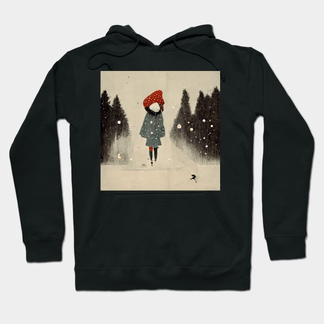 Image of girl in a big red toque walking in the snow as the flakes begin to fall. Hoodie by Liana Campbell